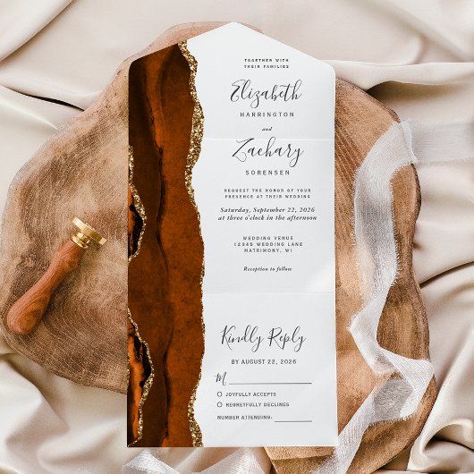 焦げたオレンジ色の金ゴールド結婚アゲート オールインワン招待状
