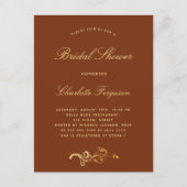 焦げたオレンジ色の錆金ゴールドスクリプトブライダルシャワー インビテーションポストカード (正面)