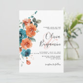 焦げたオレンジ色ティール(緑がかった色)エレガント結婚素朴フローラ 招待状 (スタンド正面)