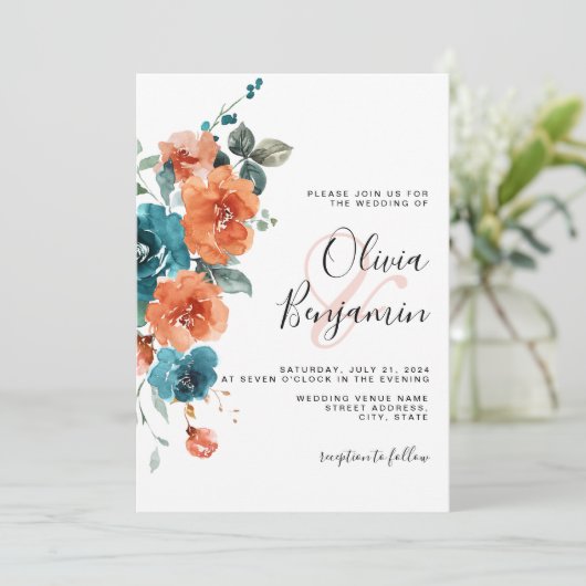 焦げたオレンジ色ティール(緑がかった色)エレガント結婚素朴フローラ 招待状 (スタンド正面)