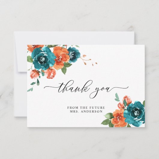 焦げたオレンジ色ティール(緑がかった色)フローラ水カラーブライダルシャワー サンキューカード (正面)