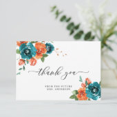 焦げたオレンジ色ティール(緑がかった色)フローラ水カラーブライダルシャワー サンキューカード (スタンド正面)
