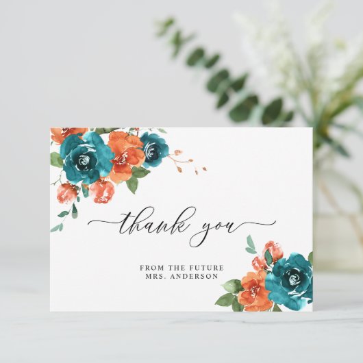 焦げたオレンジ色ティール(緑がかった色)フローラ水カラーブライダルシャワー サンキューカード (スタンド正面)