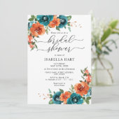 焦げたオレンジ色ティール（緑がかった色）フローラ水カラーブライダルシャワー 招待状 (スタンド正面)