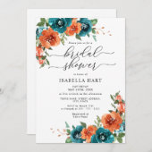 焦げたオレンジ色ティール（緑がかった色）フローラ水カラーブライダルシャワー 招待状 (正面/裏面)