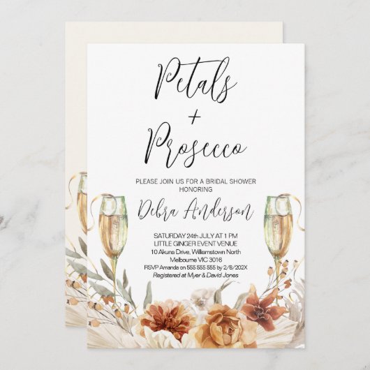 焦げたオレンジ花びらとプロセッコブライダルシャワー 招待状 (正面/裏面)