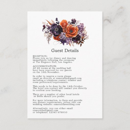 焦げたオレンジ、ダークパープル&ブラック結婚の詳細 エンクロージャーカード (正面)