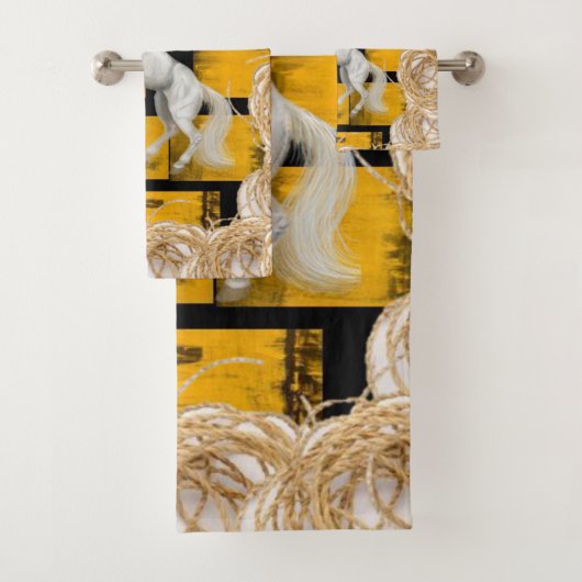 焦げた黄色の黒いバスルームのタオル白い馬を設定 バスタオルセット (インサイチュ)