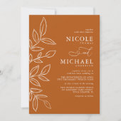 焦げオレンジエレガントミニマ葉リストの結婚 招待状 (正面)