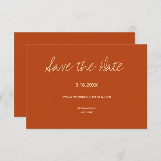 焦げオレンジタイポグラフィミニマル結婚リスト セーブザデート (正面/裏面)