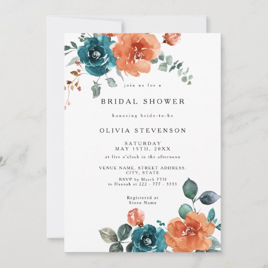 焦げオレンジティール(緑がかった色)フローラブライダルシャワー招待 招待状 (正面)