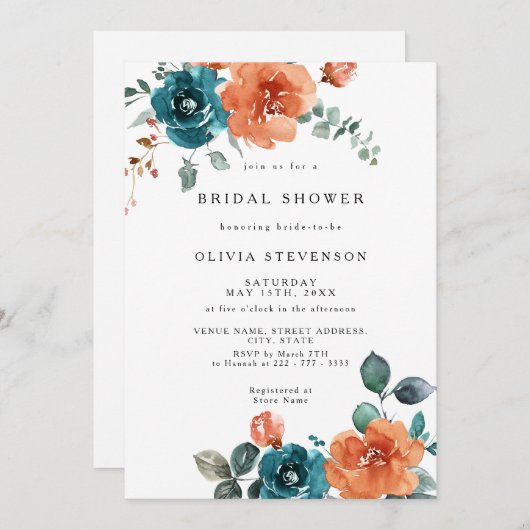 焦げオレンジティール（緑がかった色）フローラブライダルシャワー招待 招待状 (正面/裏面)
