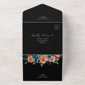 焦げオレンジティール(緑がかった色)フローラブラックエレガントな結婚式 オールインワン招待状 (外側)