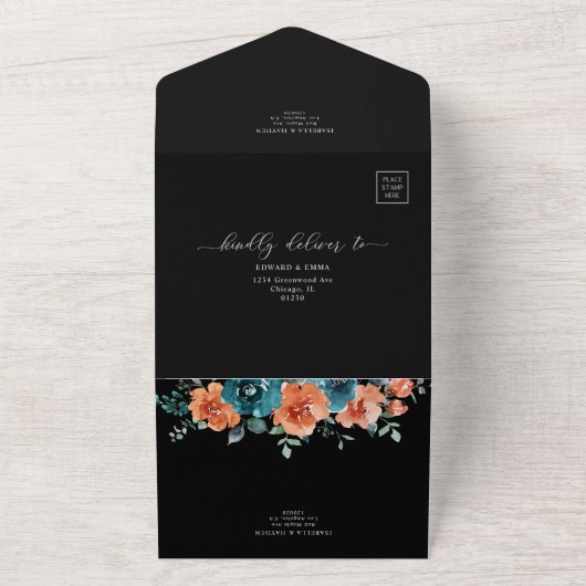 焦げオレンジティール（緑がかった色）フローラブラックエレガントな結婚式 オールインワン招待状 (外側)