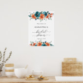 焦げオレンジティール(緑がかった色)ブルーブライダルシャワーウェルカムサイン ポスター (キッチン)