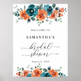焦げオレンジティール（緑がかった色）ブルーブライダルシャワーウェルカムサイン ポスター