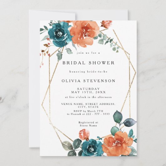 焦げオレンジティール(緑がかった色)金ゴールドブライダルシャワー招待 招待状 (正面)