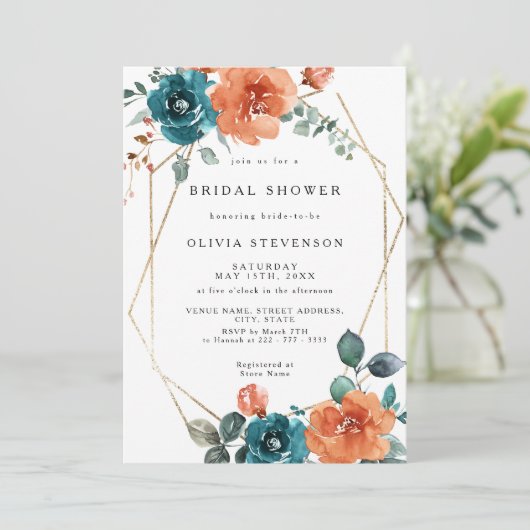 焦げオレンジティール(緑がかった色)金ゴールドブライダルシャワー招待 招待状 (スタンド正面)