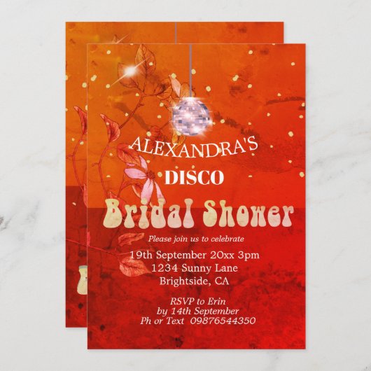 焦げオレンジフローラディスコボールブライダルシャワー 招待状 (正面/裏面)
