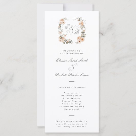 焦げオレンジフローラ庭園の結婚式プログラムカード (正面)