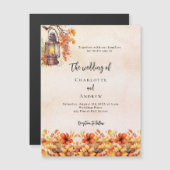 焦げオレンジ秋花模様ボホラグジュアリー結婚ズ マグネット招待状 (正面/裏面)