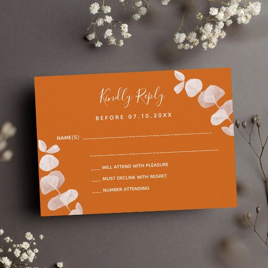 焦げオレンジ結婚色ユーカリ反応RSVP ノートカード