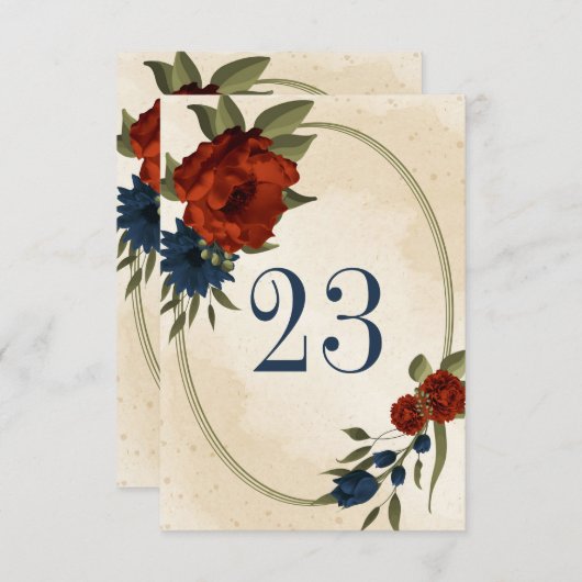 焦げオレンジ色のネイビーフラワージオメトリックテーブル 招待状 (正面/裏面)