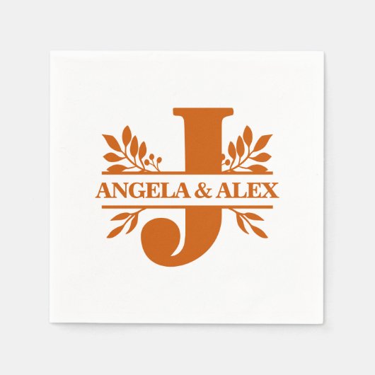 焦げオレンジ葉フローラススプリットモノグラムJ スタンダードカクテルナプキン (正面)