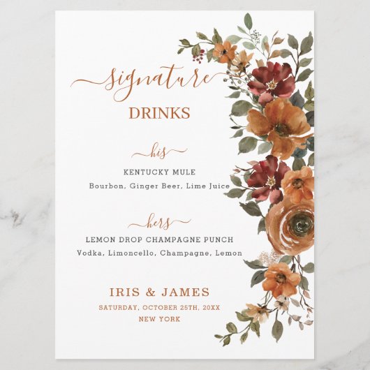 焦橙色とサビ色の花柄 秋のウェディング ドリンクバー メニュー (裏面)