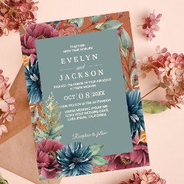 焦橙色とセージグリーンのモダンラスティックウェディング 招待状