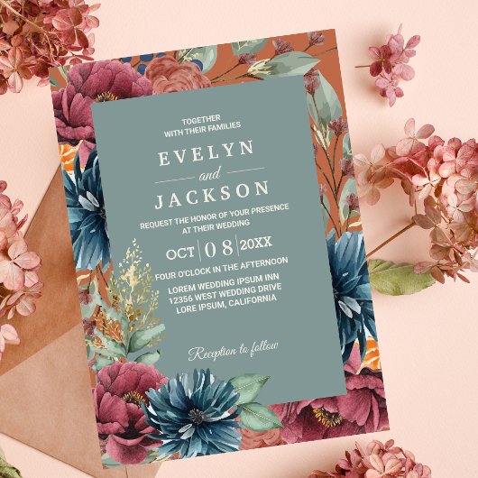 焦橙色とセージグリーンのモダンラスティックウェディング 招待状