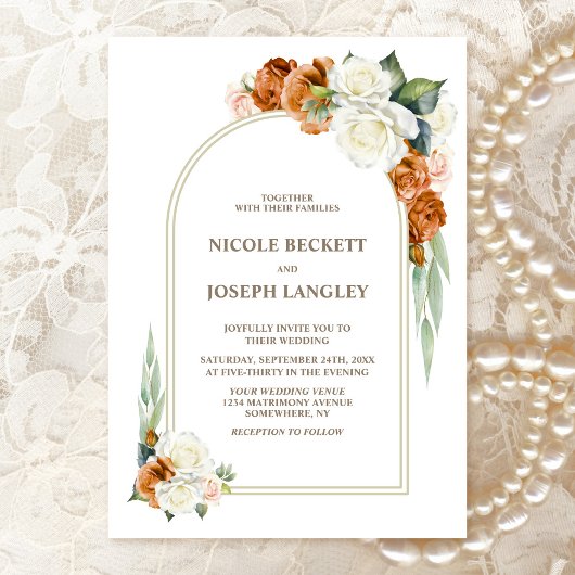 焦橙色と白のバラのアーチの花祭り ウェディング 招待状