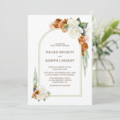 焦橙色と白のバラのアーチの花祭り ウェディング 招待状 (スタンド正面)