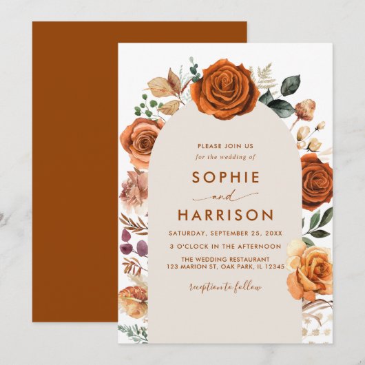 焦橙色のアーチ テラコッタ フラワー ラスト ウェディング 招待状 (正面/裏面)