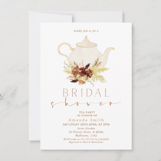 焦橙色ボーホー フラワー ティーパーティー ブライダル シャワー 招待状 (正面)