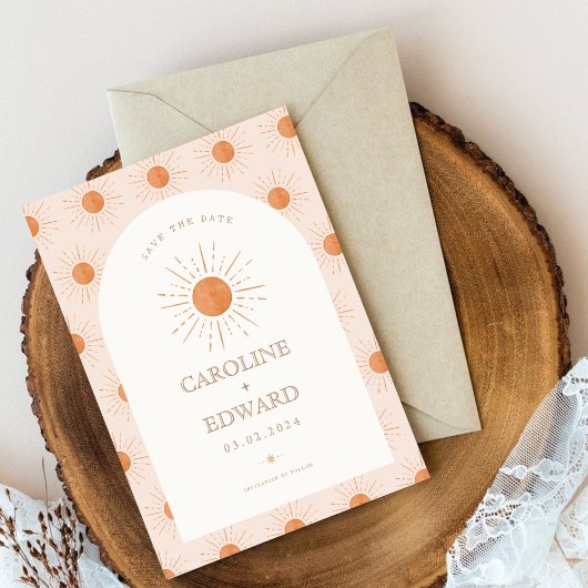 焦橙色太陽復古波西米亞風格保存日期二維碼 セーブザデート