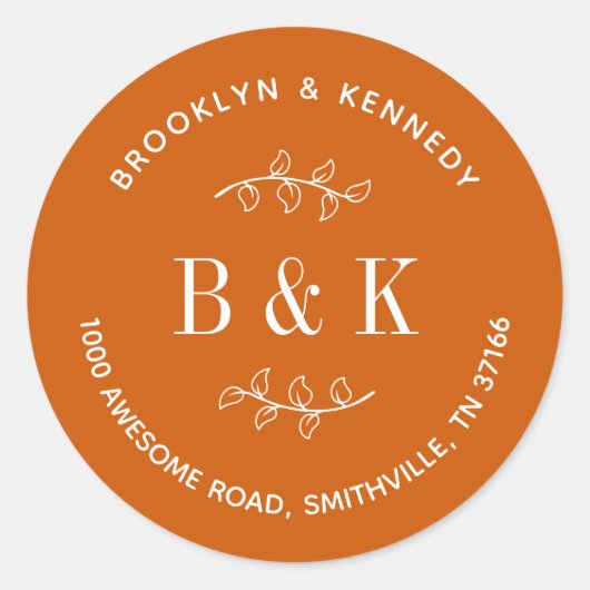 焦橙色花卉婚礼情侣回信地址 ラウンドシール (正面)