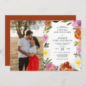 焦橙色花卉定制照片婚礼 招待状 (正面/裏面)