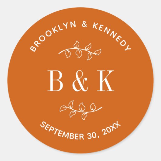 焦橙色花卉植物 婚礼夫妇姓名 ラウンドシール (正面)