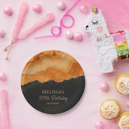 焦橙色金ラメ水彩大理石 ペーパープレート (パーティー)