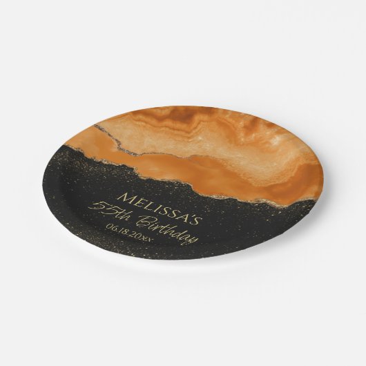 焦橙色金ラメ水彩大理石 ペーパープレート (アングル)