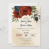 焦橙色 ネイビー 花卉 ボタニカル ウェディング 招待状 (正面)