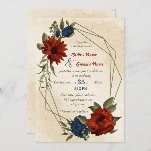 焦橙色 ネイビー 花幾何学 ウェディング 招待状 (正面/裏面)