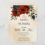 焦橙色 ネイビー 花 ボタニカル 誕生日 招待状 (正面/裏面)