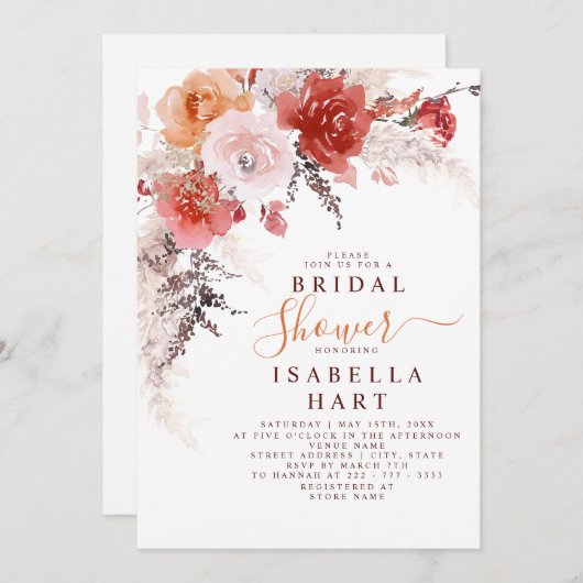 焦橙色・バーガンディー・テラコッタのウェディングシャワー 招待状 (正面/裏面)