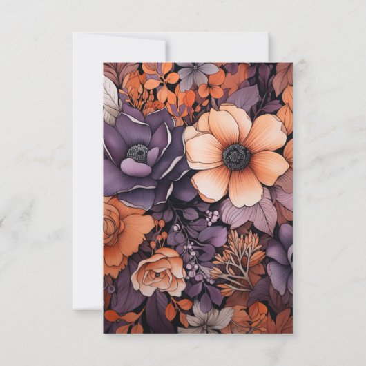 焦橙色、濃紫色、黒の花柄の結婚式 出欠カード (裏面)