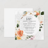 焦橙色 白 花のレース 100歳の誕生日 招待状 (正面/裏面)