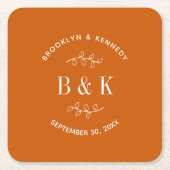 焦橙色 花卉植物 新婚夫婦名 スクエアペーパーコースター (正面)