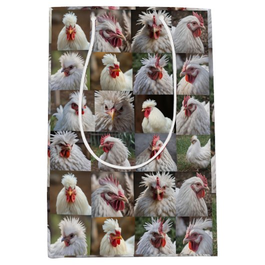 "焦点の羽：白い鶏のポートレート" ミディアムペーパーバッグ (正面)