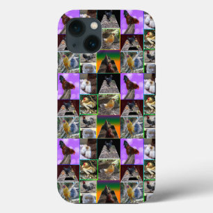 焦点の羽:鶏のロスターのコラージュ iPhone 13ケース